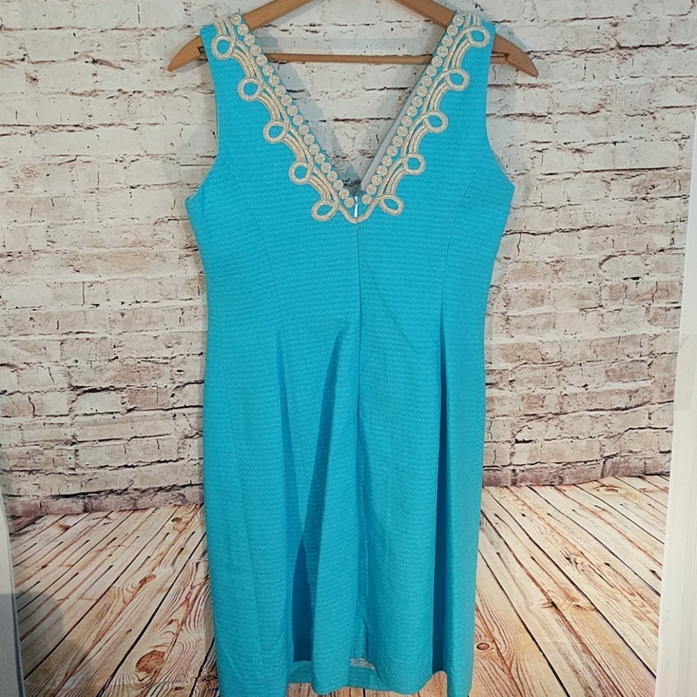 Lilly Pulitzer Turquoise Sleeveless Midi Dress with Cream Trim - Picture 3 of 5